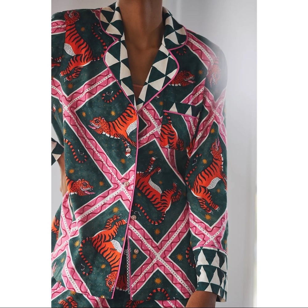 ANTHROPOLOGIE Corinne Lent Tigress Flannel Pajama Top Lounge Button Front M NWT - Picture 3 of 9